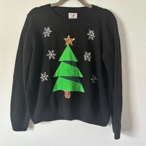 George Black Crewneck Sweater Green Festive Design Christmas Large Tree Sequin